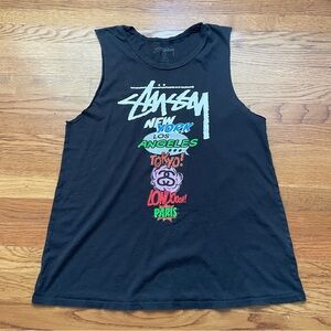 Stussy Black sleeveless Tank with world tour City Graphics L